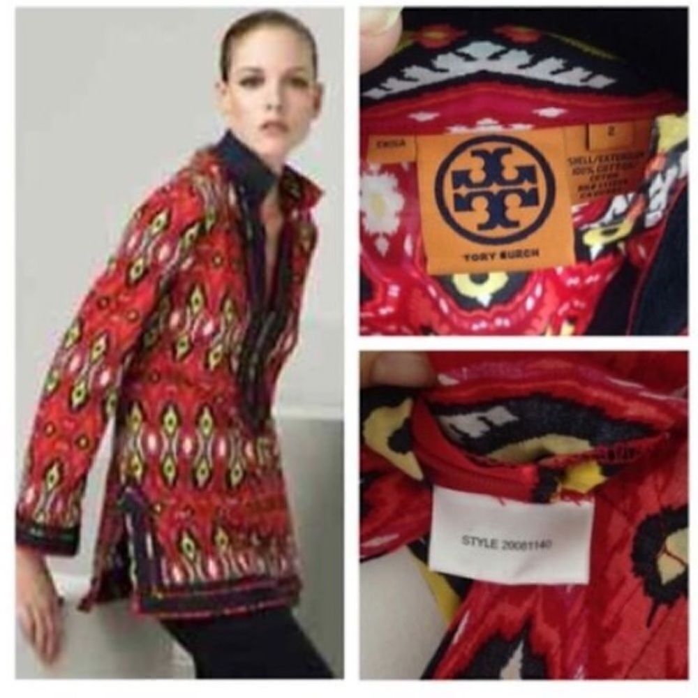 Tory Burch Women's 2 Plunge Neck Tunic Blouse Vivid Red Ikat Print Artsy Boho